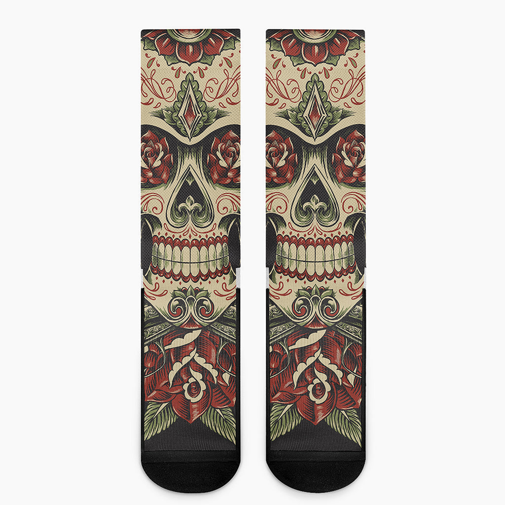 Skull And Roses Tattoo Print Crew Socks