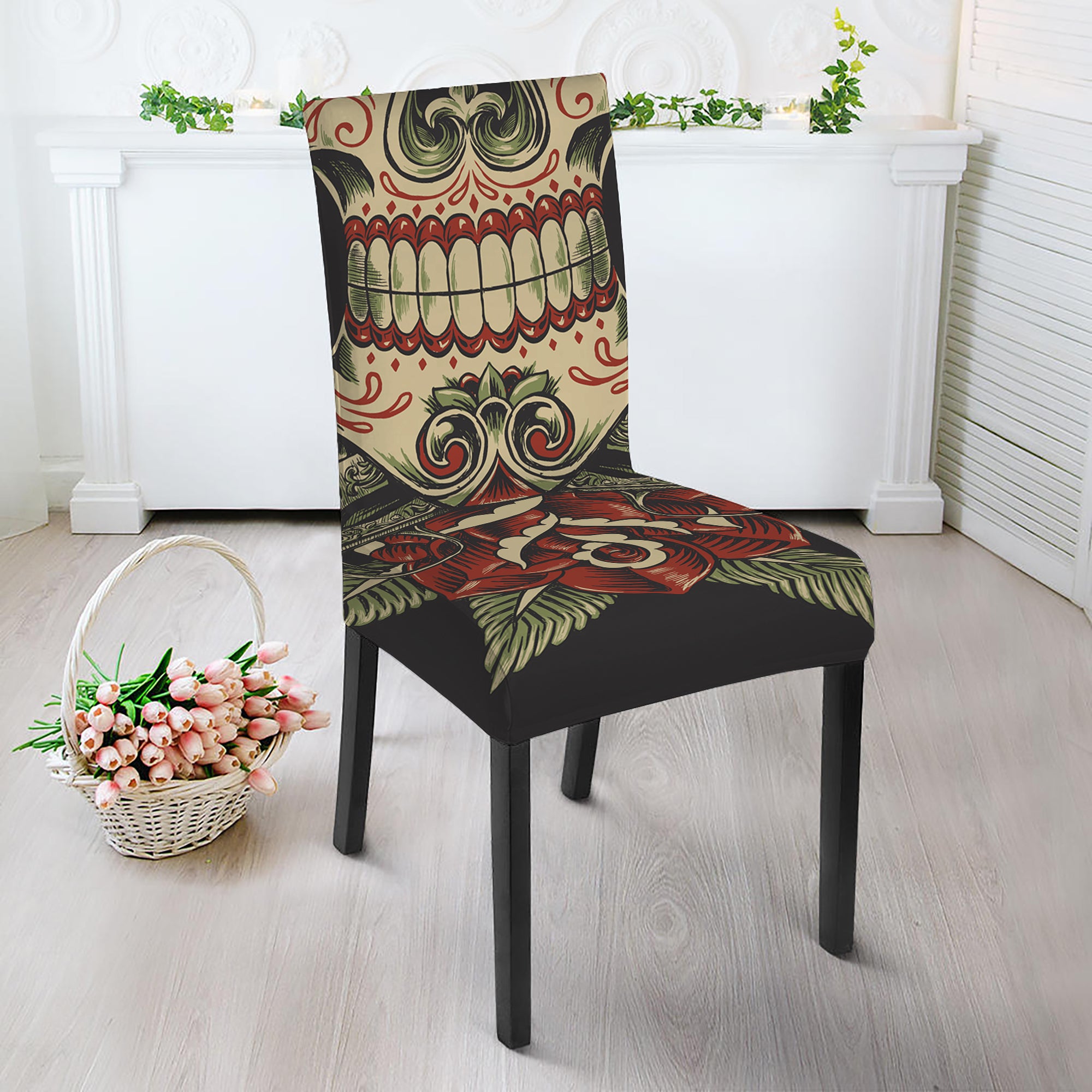 Skull And Roses Tattoo Print Dining Chair Slipcover