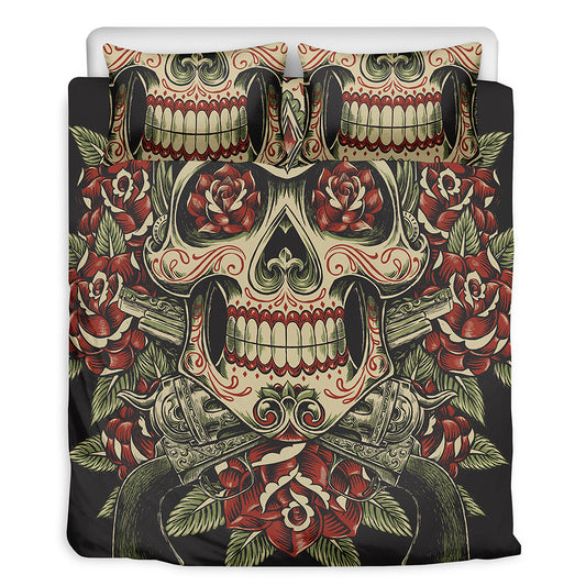 Skull And Roses Tattoo Print Duvet Cover Bedding Set