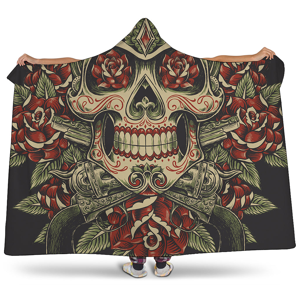 Skull And Roses Tattoo Print Hooded Blanket