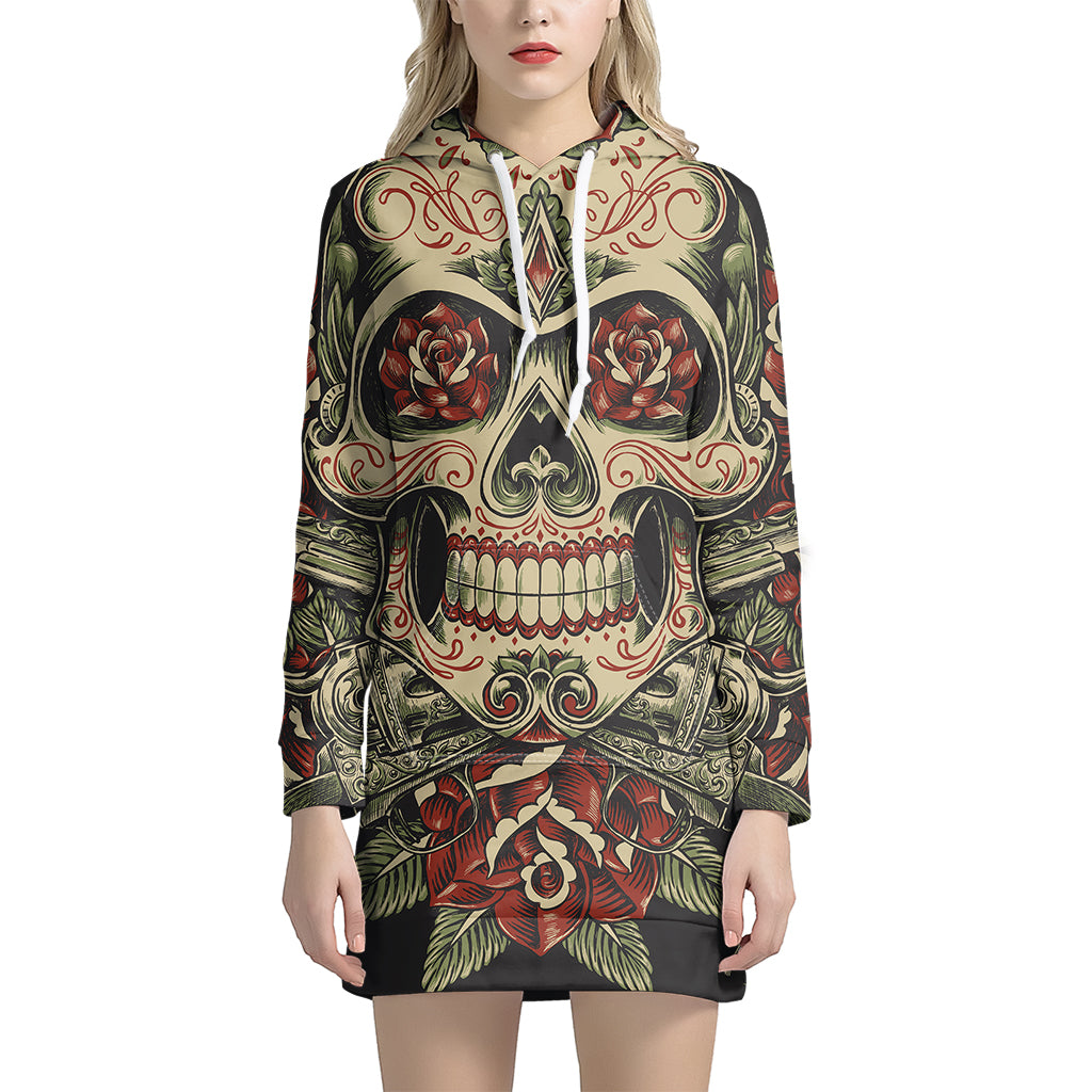 Skull And Roses Tattoo Print Hoodie Dress