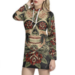Skull And Roses Tattoo Print Hoodie Dress