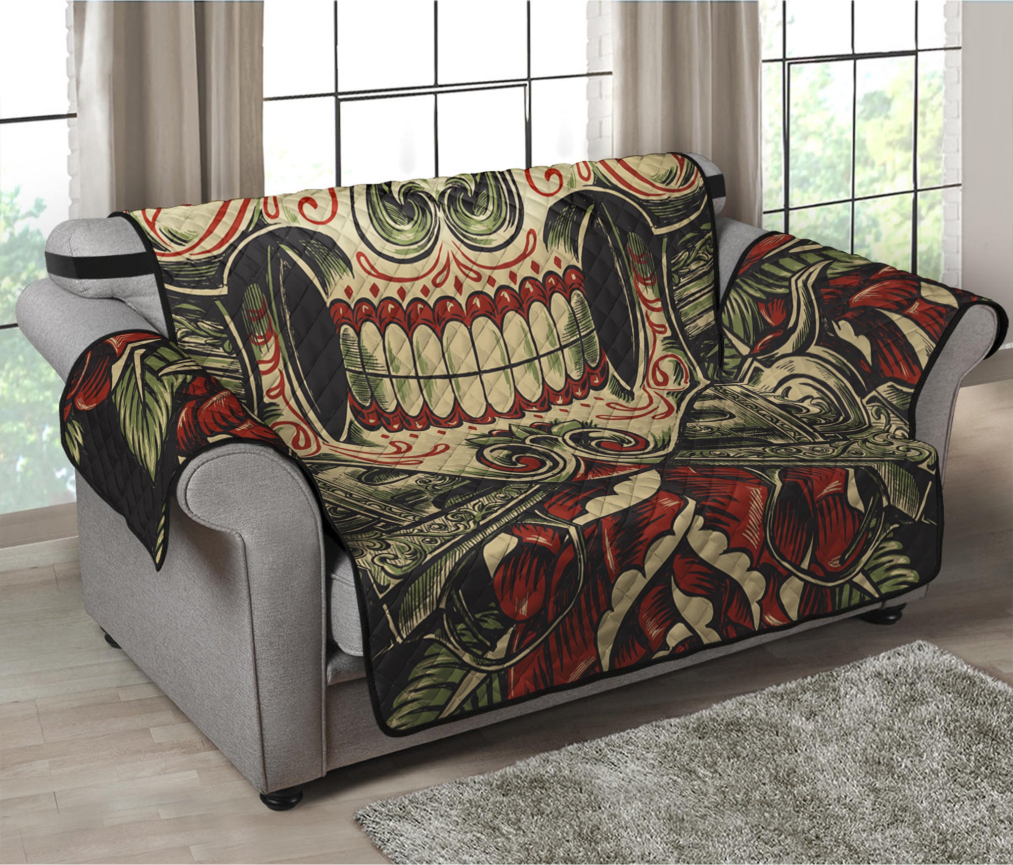 Skull And Roses Tattoo Print Loveseat Protector