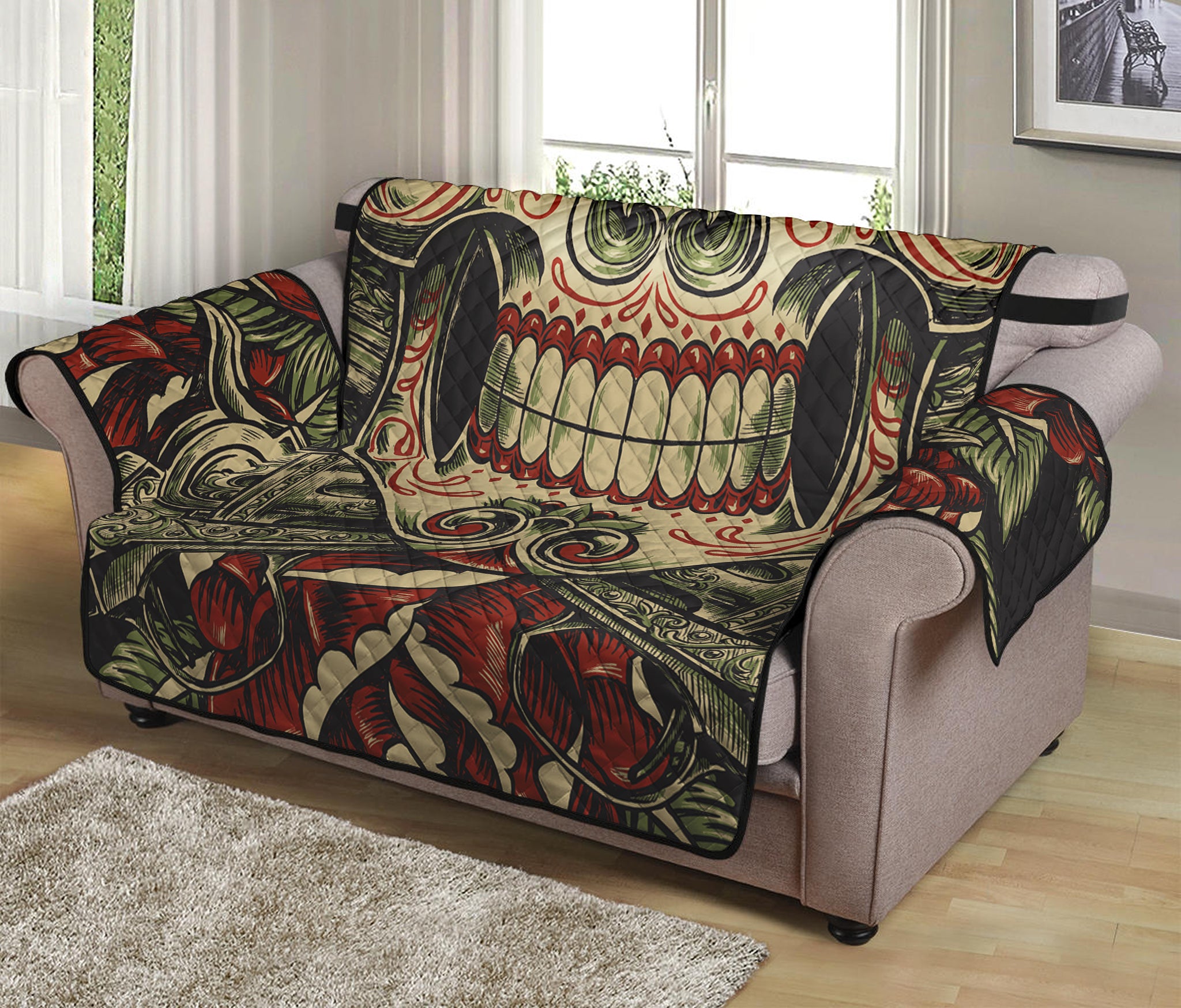 Skull And Roses Tattoo Print Loveseat Protector