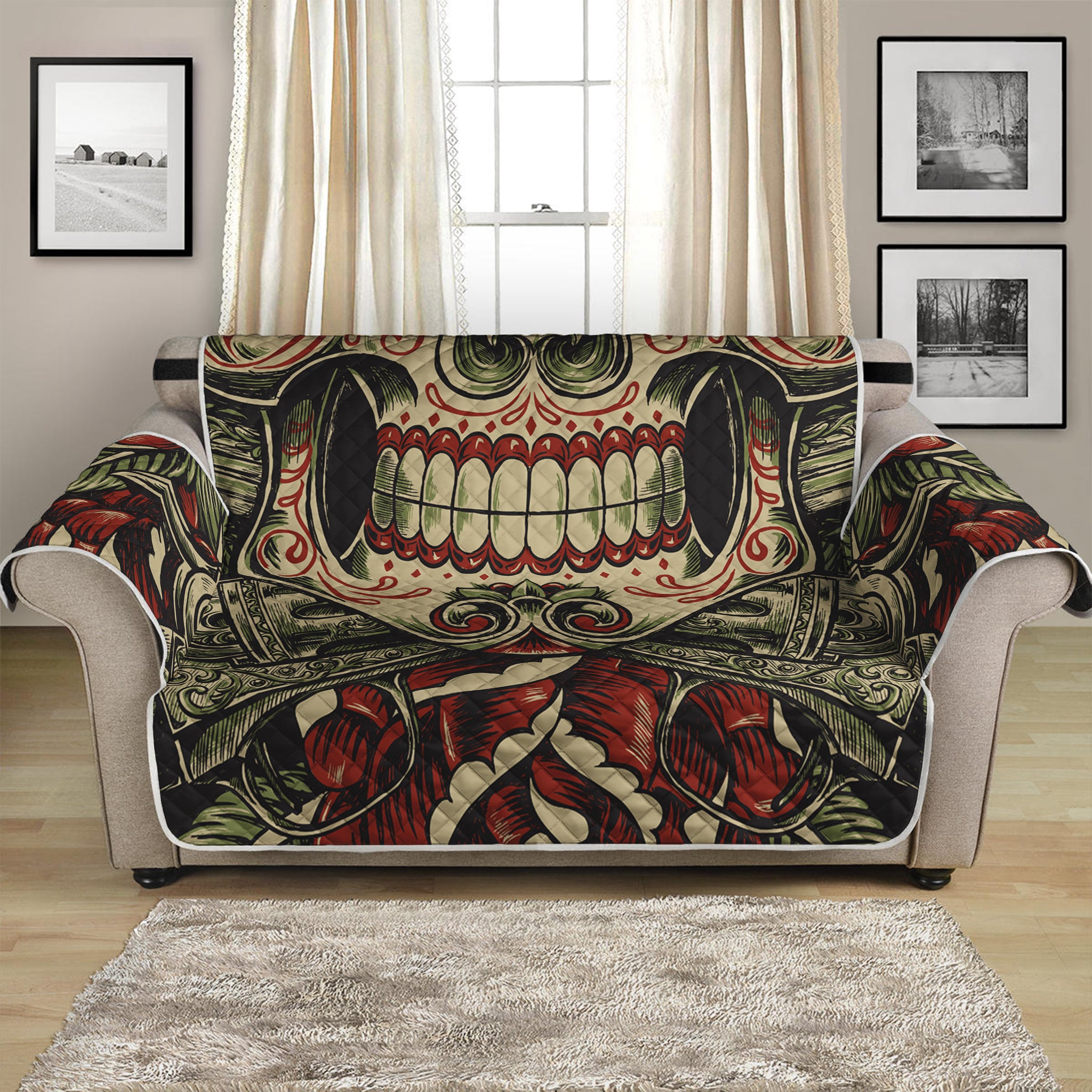 Skull And Roses Tattoo Print Loveseat Protector