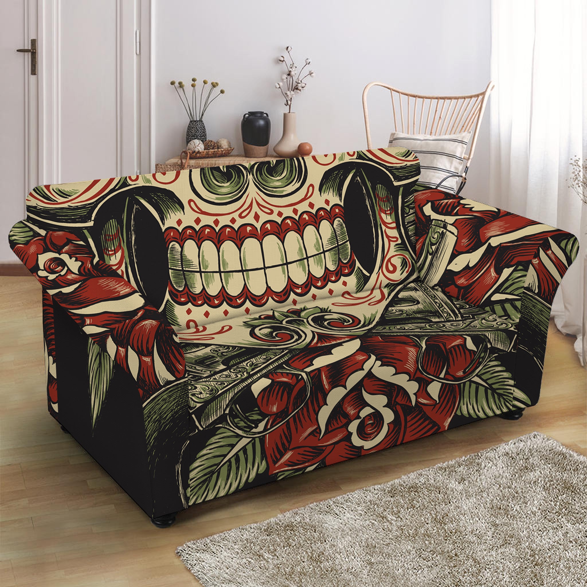 Skull And Roses Tattoo Print Loveseat Slipcover