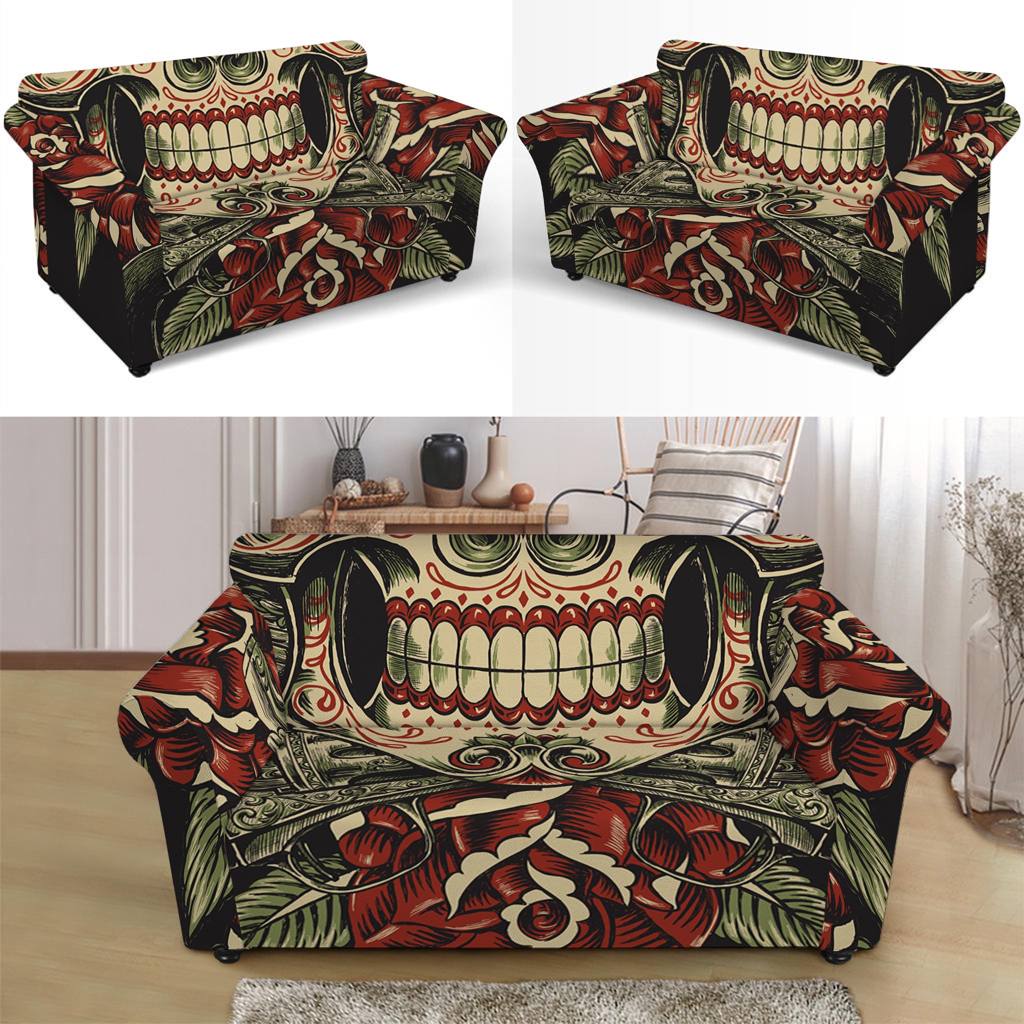 Skull And Roses Tattoo Print Loveseat Slipcover