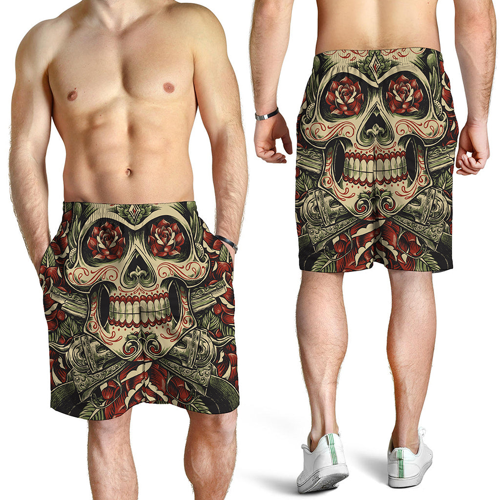 Skull And Roses Tattoo Print Men's Shorts