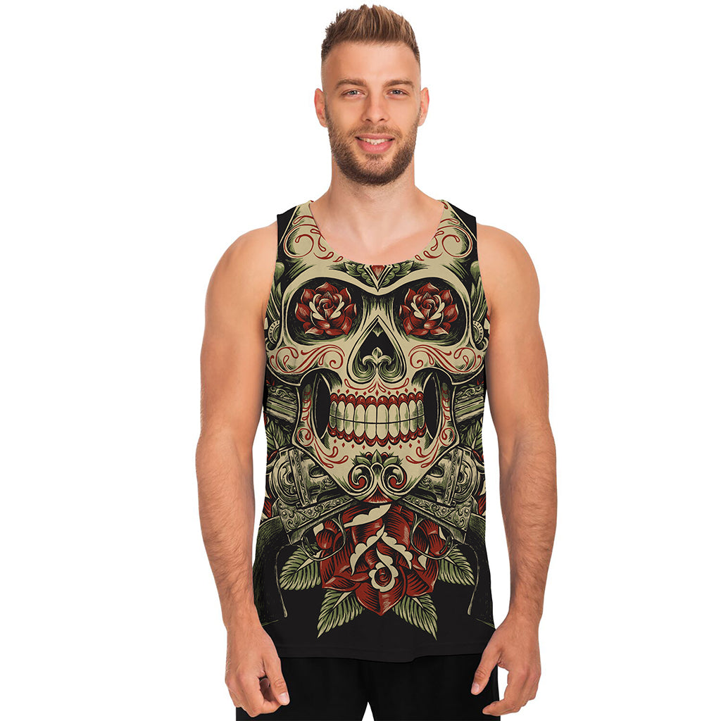 Skull And Roses Tattoo Print Men's Tank Top