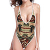 Skull And Roses Tattoo Print One Piece High Cut Swimsuit