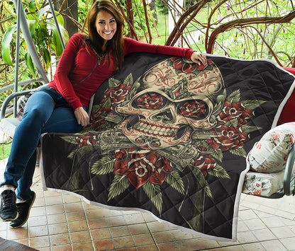 Skull And Roses Tattoo Print Quilt