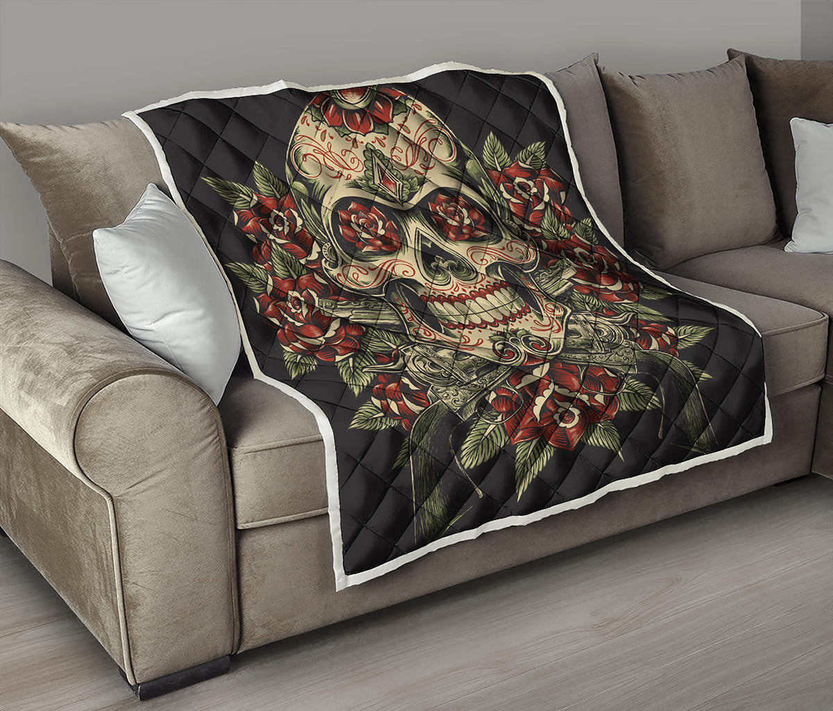 Skull And Roses Tattoo Print Quilt