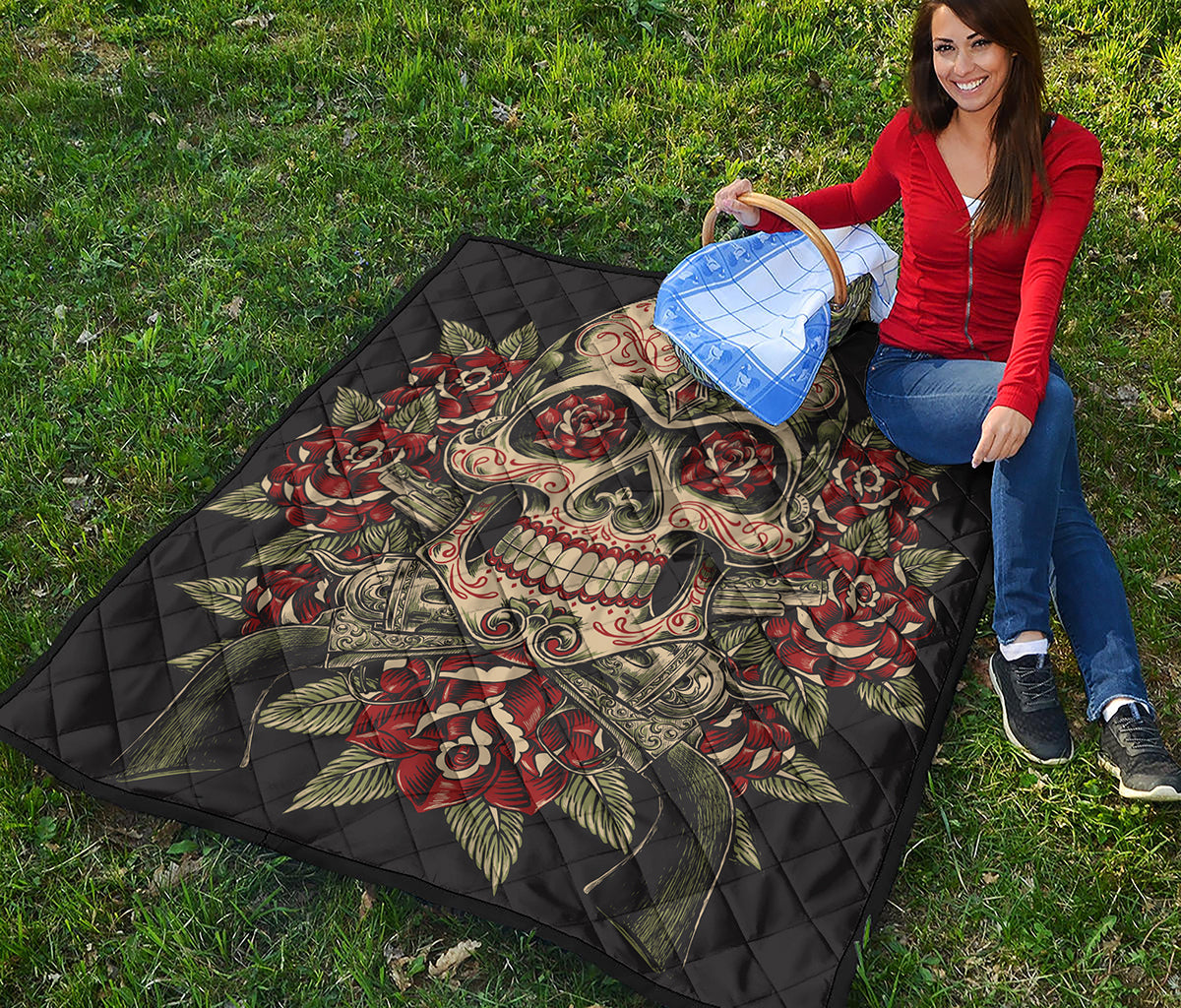 Skull And Roses Tattoo Print Quilt