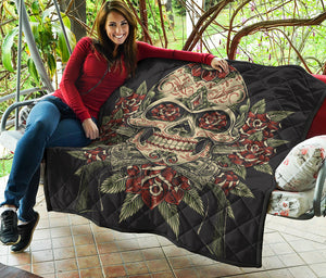 Skull And Roses Tattoo Print Quilt