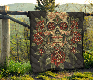 Skull And Roses Tattoo Print Quilt