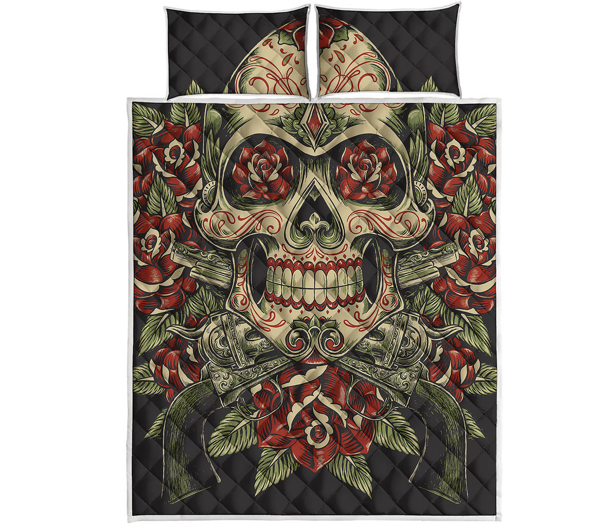 Skull And Roses Tattoo Print Quilt Bed Set