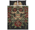 Skull And Roses Tattoo Print Quilt Bed Set