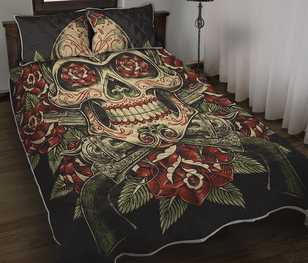 Skull And Roses Tattoo Print Quilt Bed Set