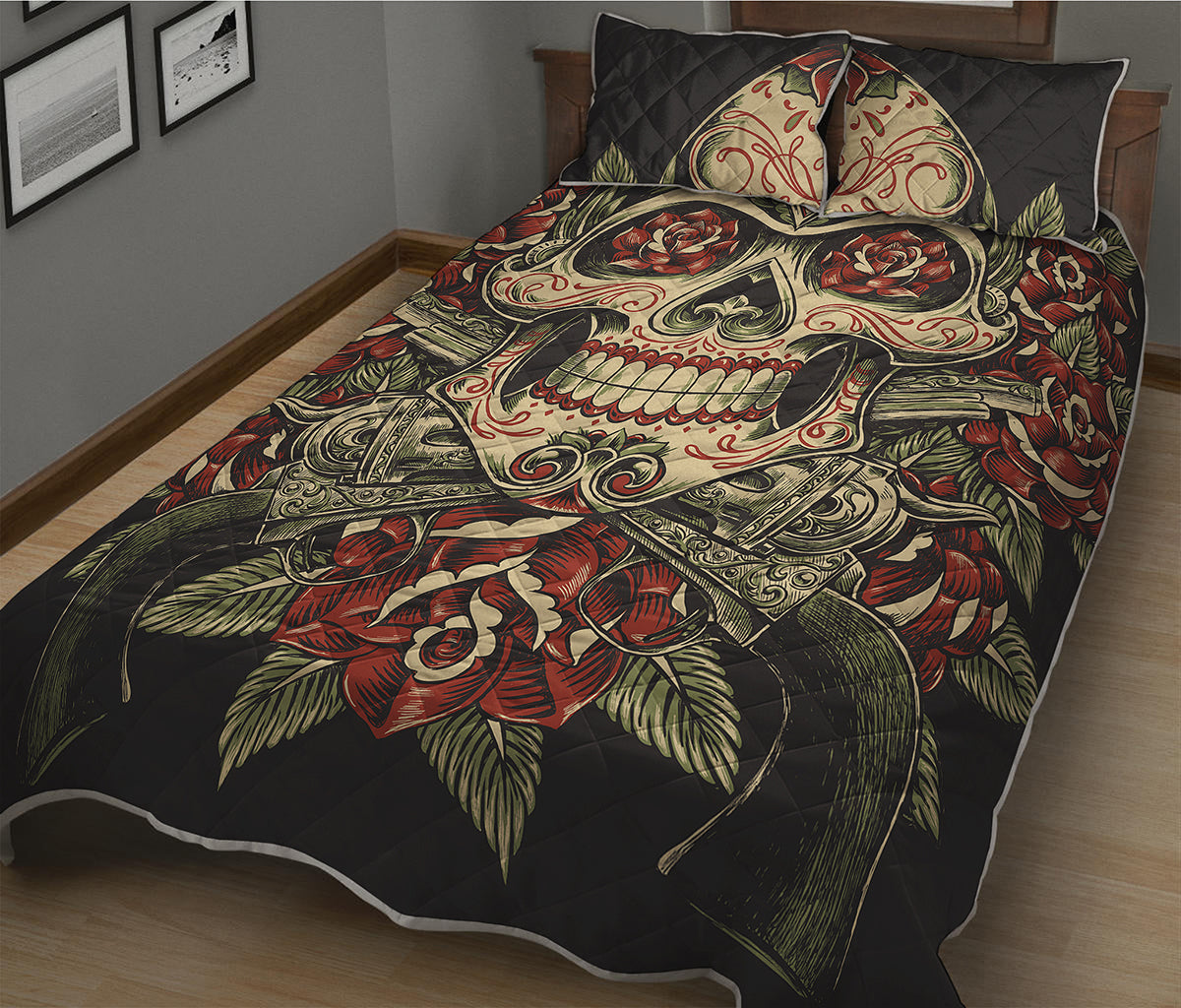 Skull And Roses Tattoo Print Quilt Bed Set