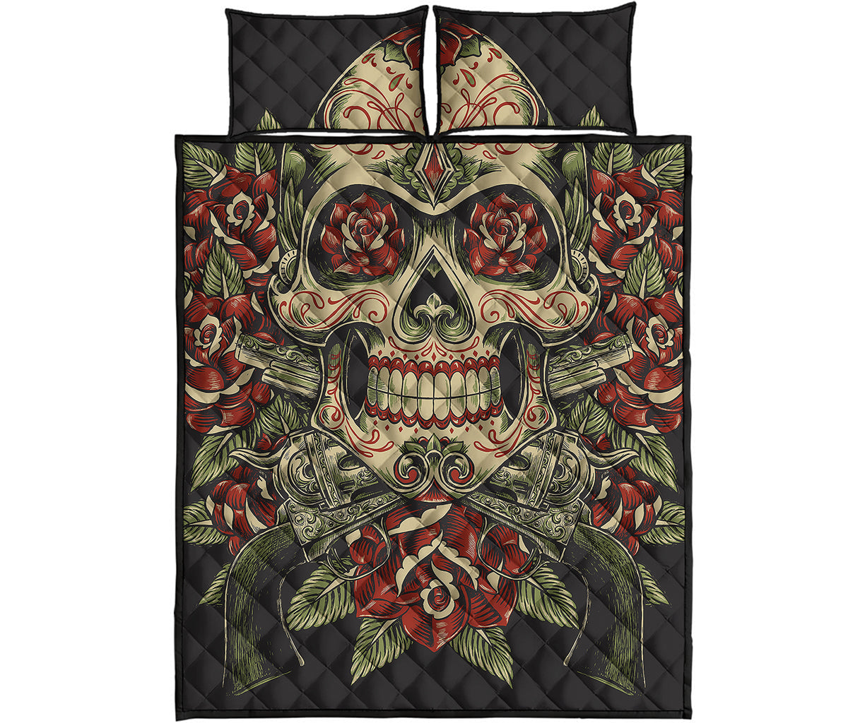 Skull And Roses Tattoo Print Quilt Bed Set