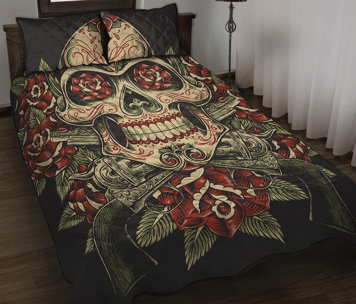 Skull And Roses Tattoo Print Quilt Bed Set