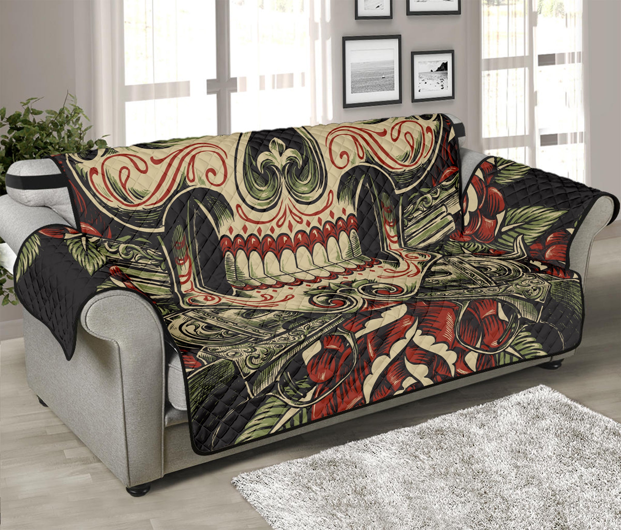 Skull And Roses Tattoo Print Sofa Protector