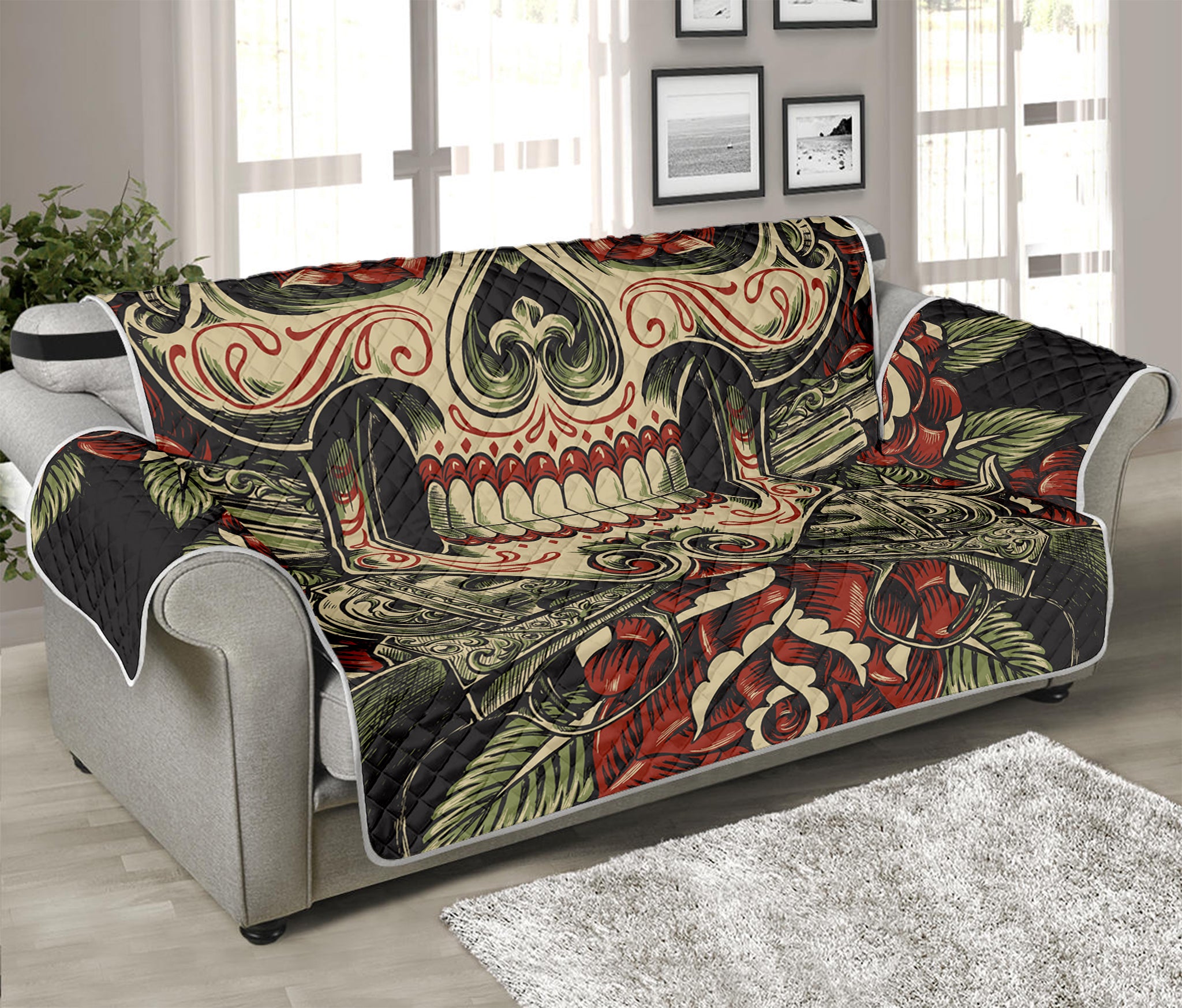 Skull And Roses Tattoo Print Sofa Protector