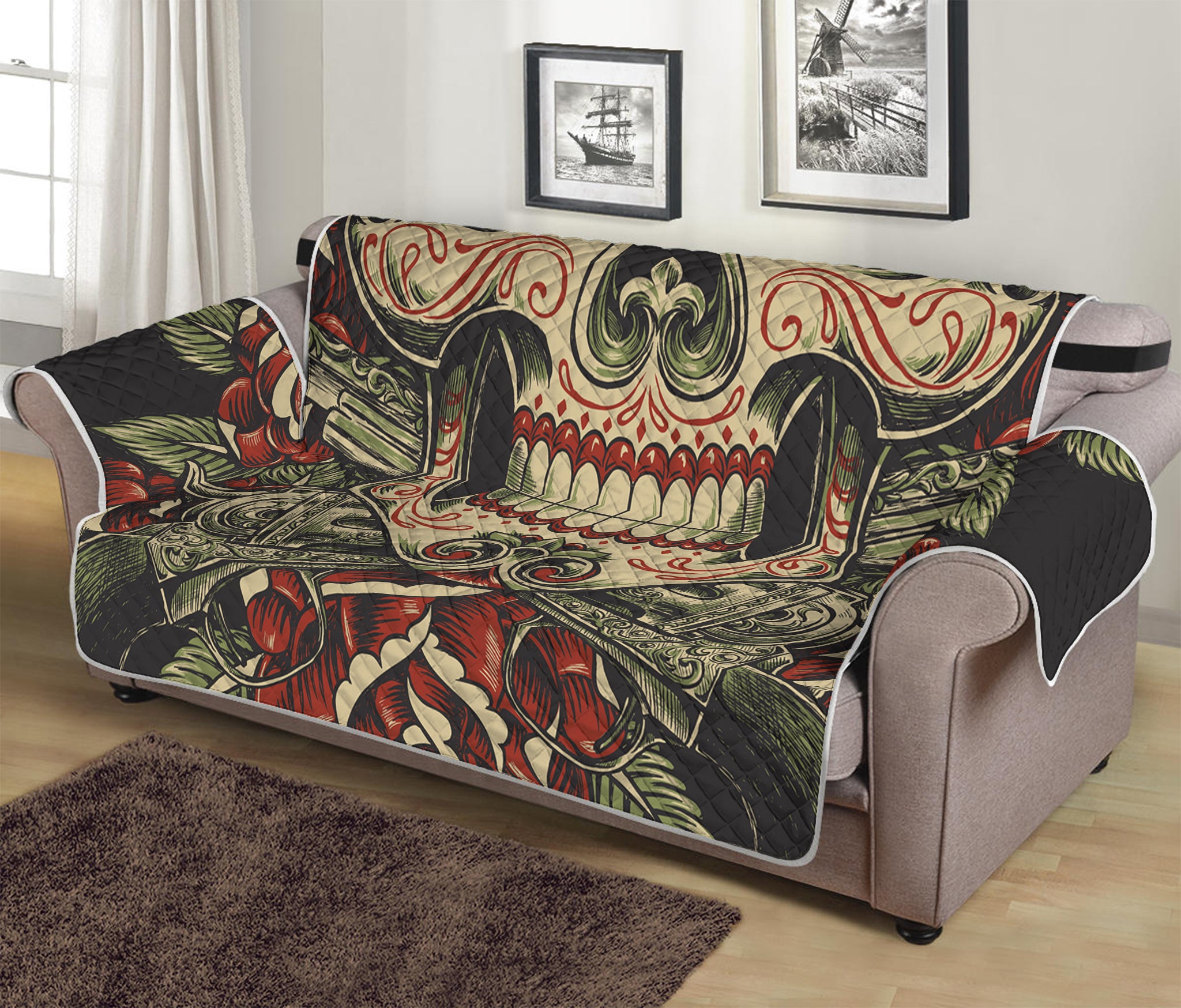 Skull And Roses Tattoo Print Sofa Protector