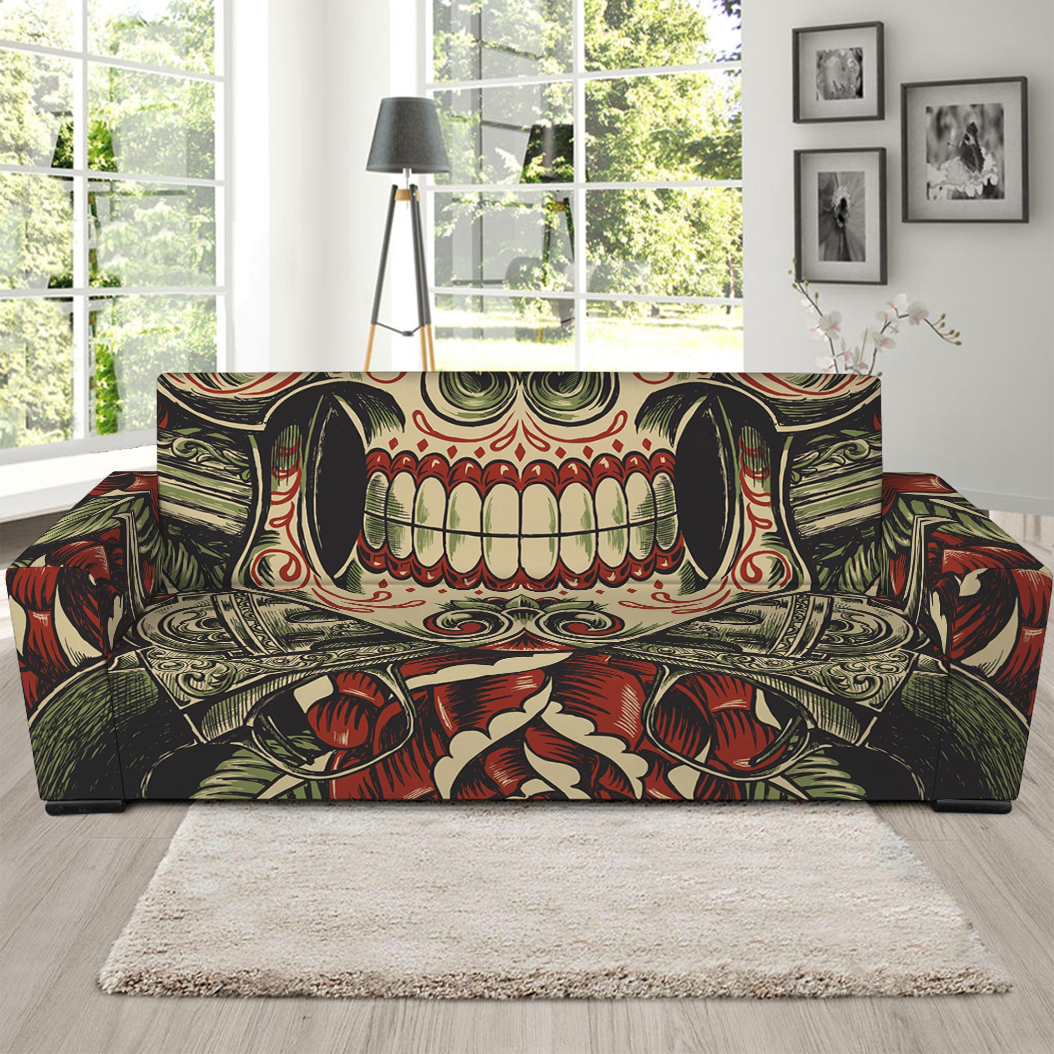 Skull And Roses Tattoo Print Sofa Slipcover