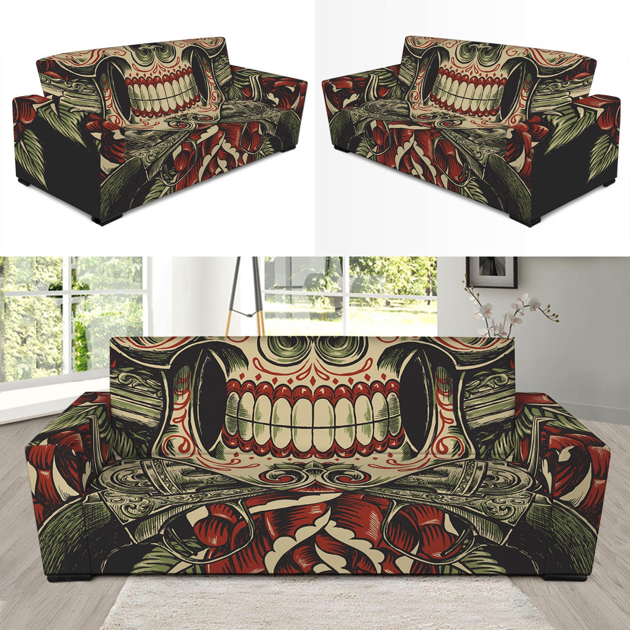 Skull And Roses Tattoo Print Sofa Slipcover