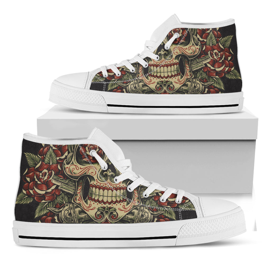 Skull And Roses Tattoo Print White High Top Shoes