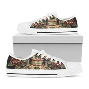 Skull And Roses Tattoo Print White Low Top Shoes