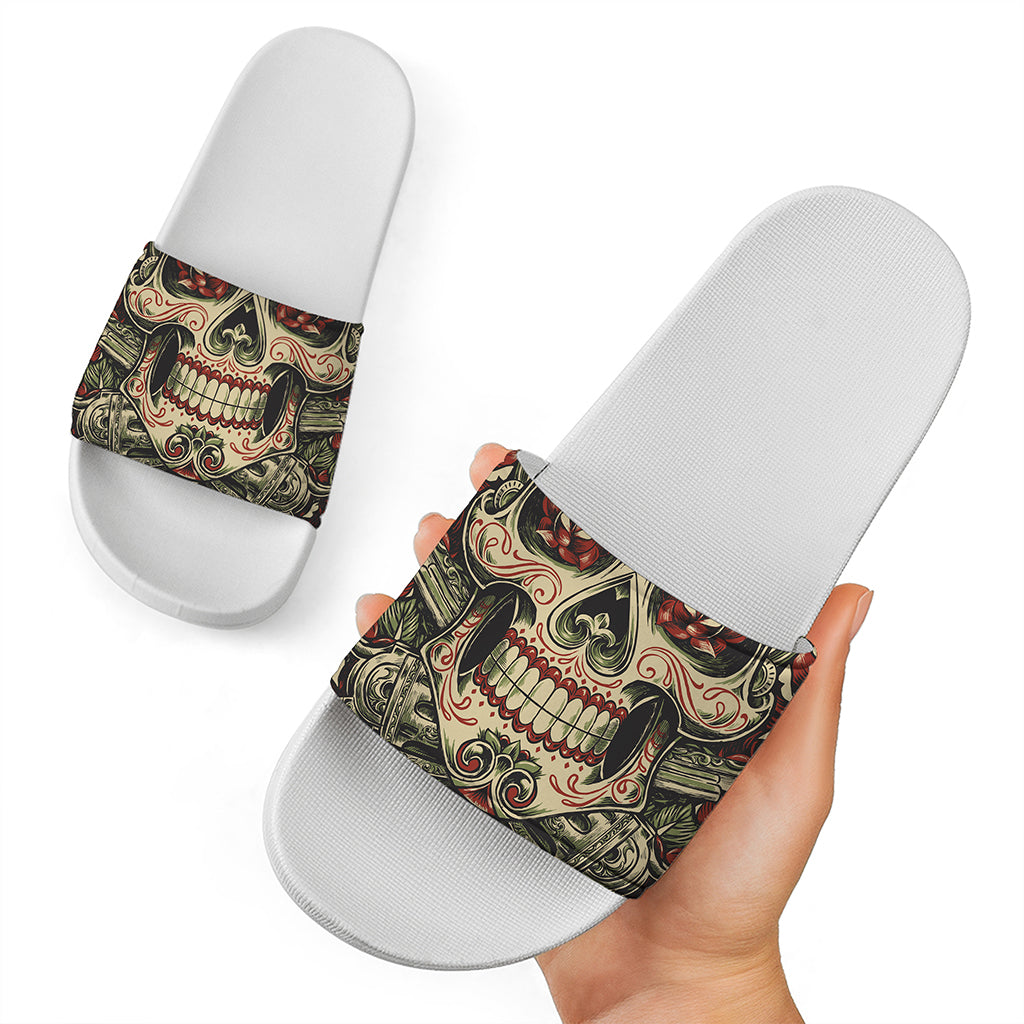 Skull And Roses Tattoo Print White Slide Sandals