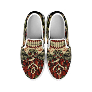 Skull And Roses Tattoo Print White Slip On Shoes