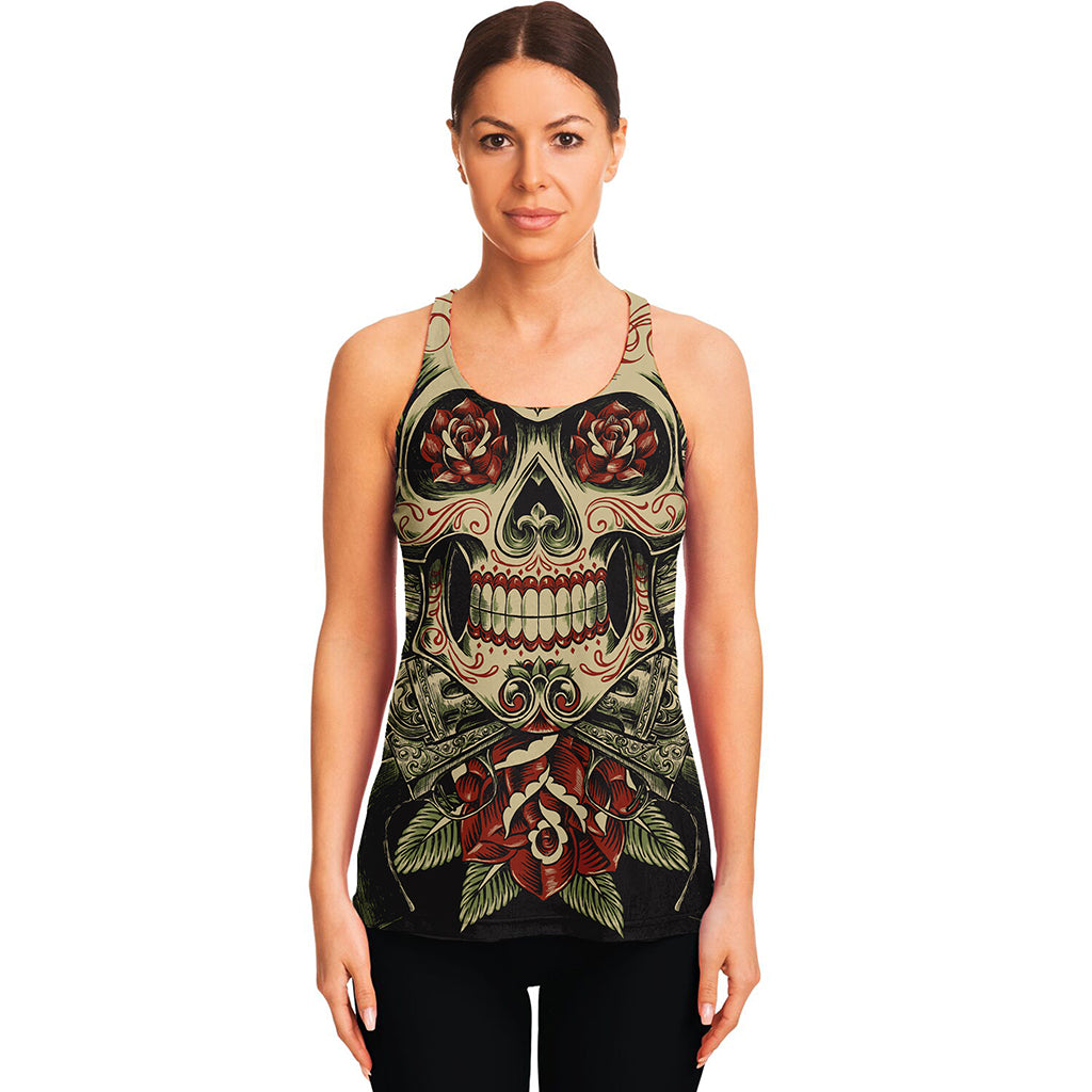 Skull And Roses Tattoo Print Women's Racerback Tank Top