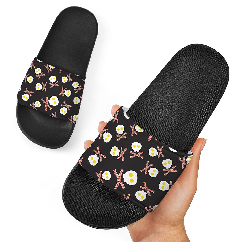 Skull Fried Egg And Bacon Pattern Print Black Slide Sandals