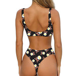 Skull Fried Egg And Bacon Pattern Print Front Bow Tie Bikini