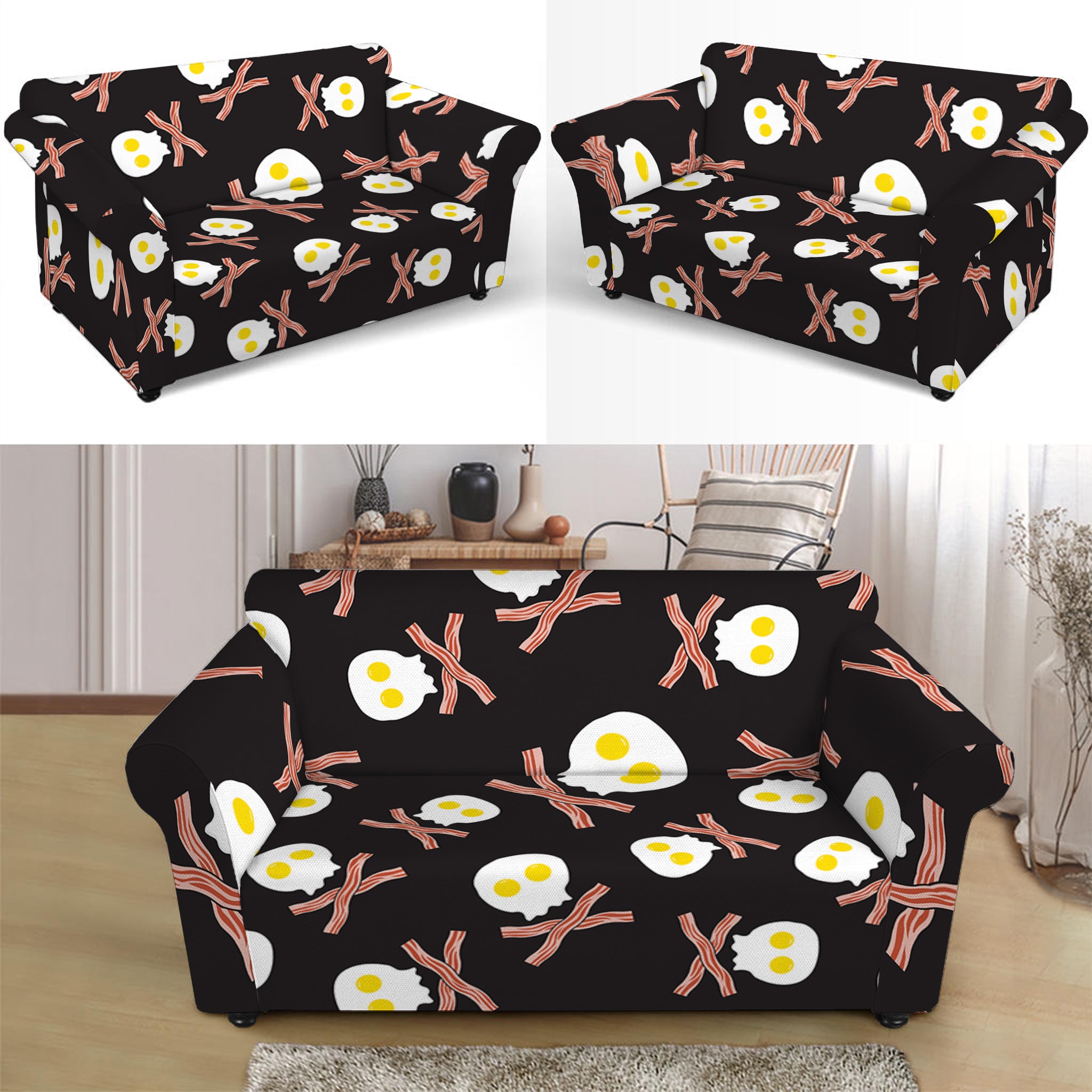 Skull Fried Egg And Bacon Pattern Print Loveseat Slipcover