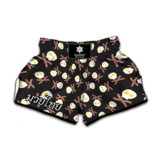 Skull Fried Egg And Bacon Pattern Print Muay Thai Boxing Shorts