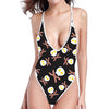 Skull Fried Egg And Bacon Pattern Print One Piece High Cut Swimsuit