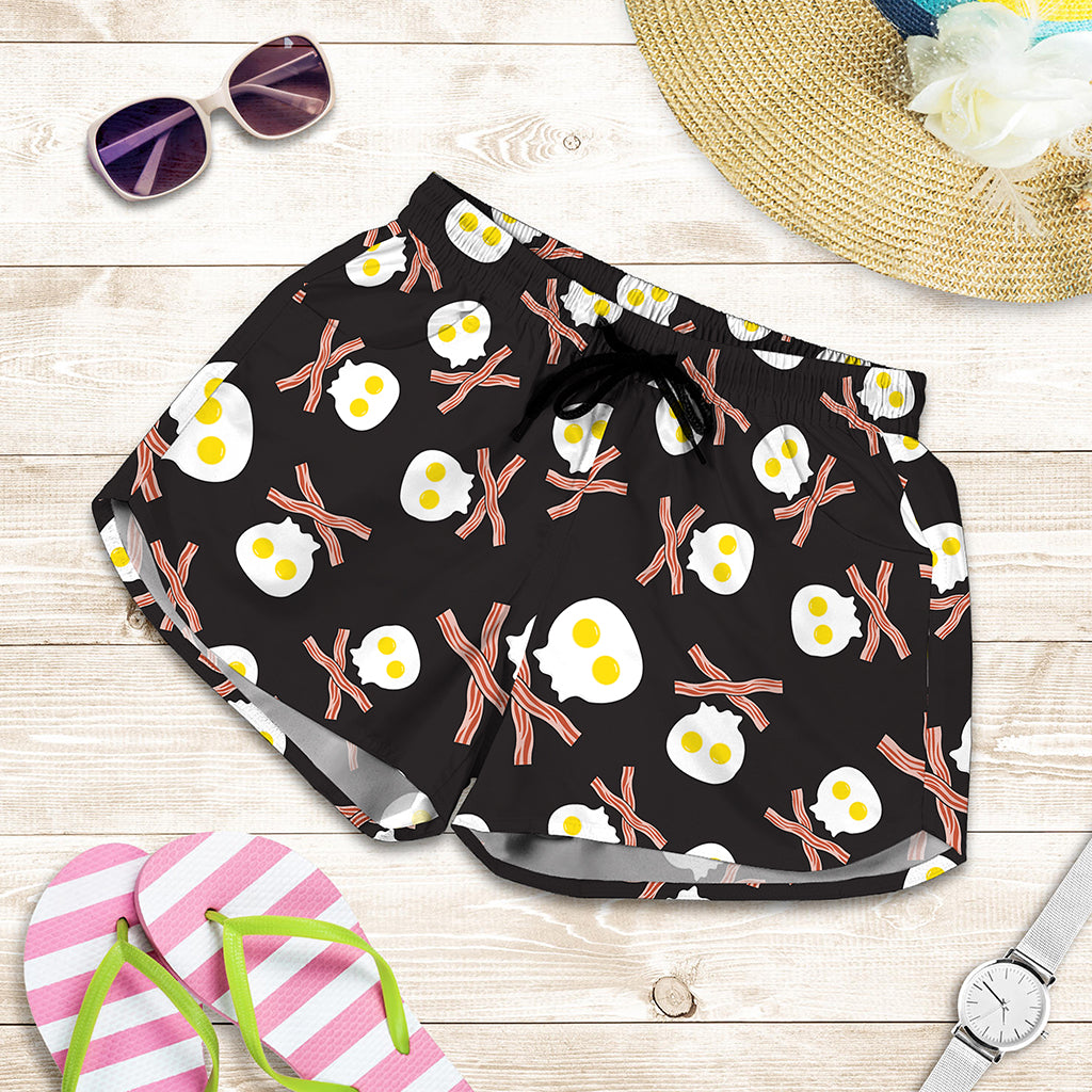 Skull Fried Egg And Bacon Pattern Print Women's Shorts