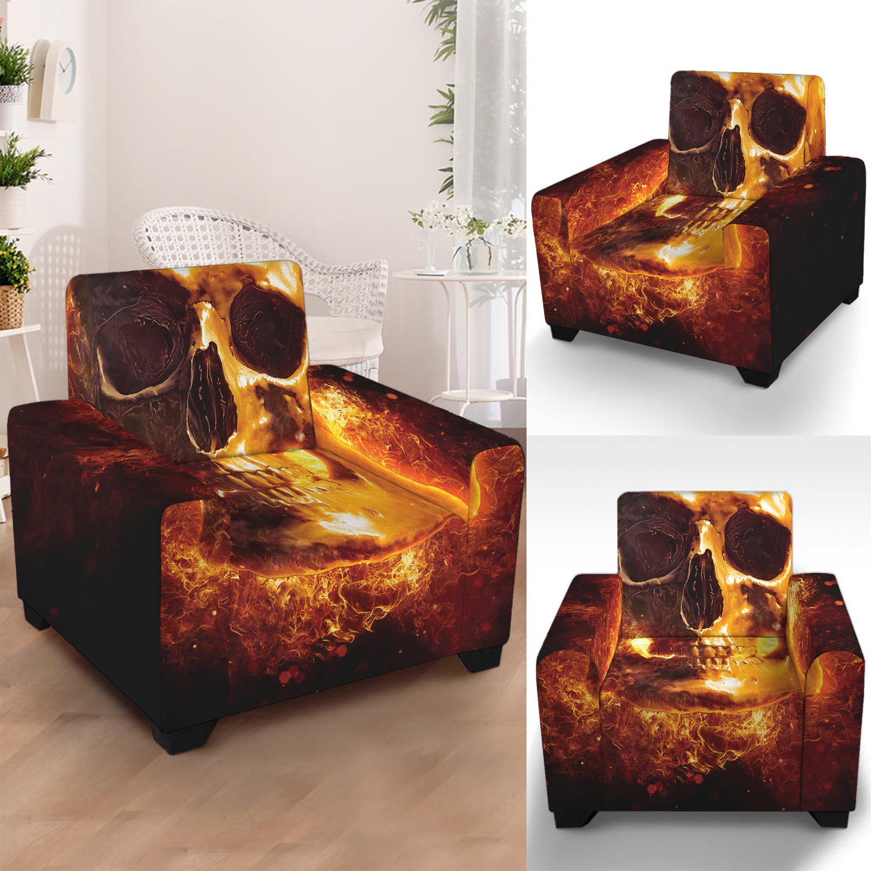 Skull In Flames Print Armchair Slipcover