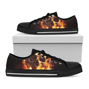 Skull In Flames Print Black Low Top Shoes 