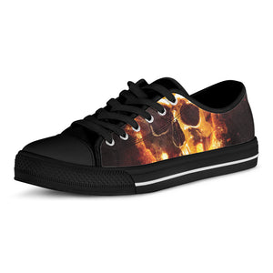 Skull In Flames Print Black Low Top Shoes 