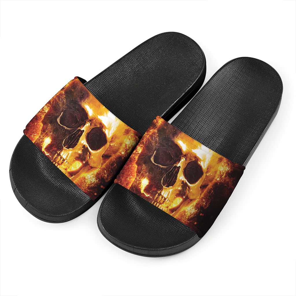 Skull In Flames Print Black Slide Sandals