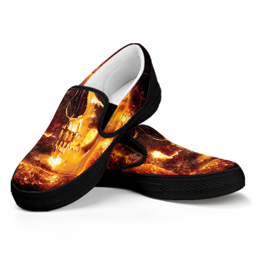 Skull In Flames Print Black Slip On Shoes