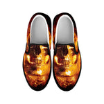 Skull In Flames Print Black Slip On Shoes