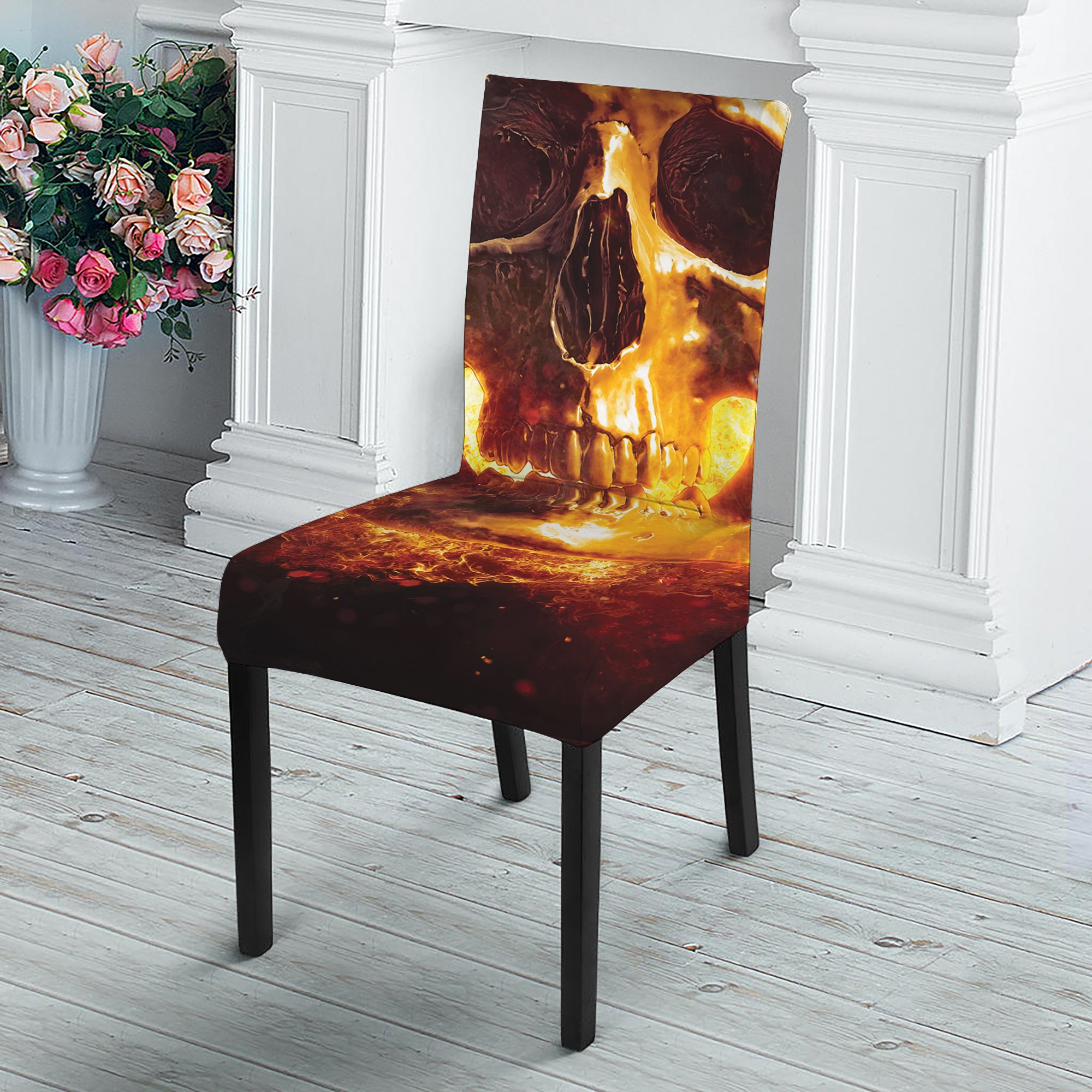 Skull In Flames Print Dining Chair Slipcover