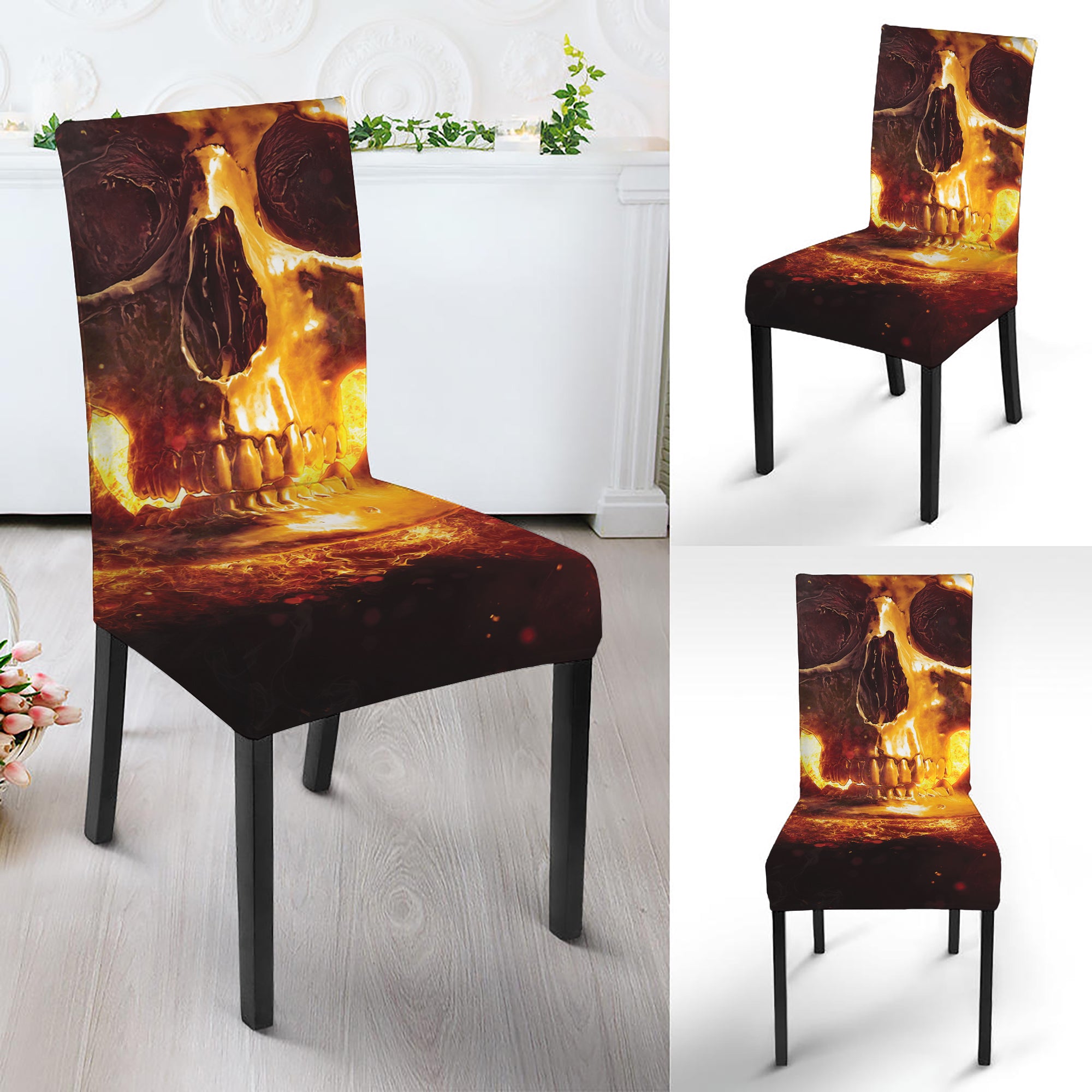 Skull In Flames Print Dining Chair Slipcover