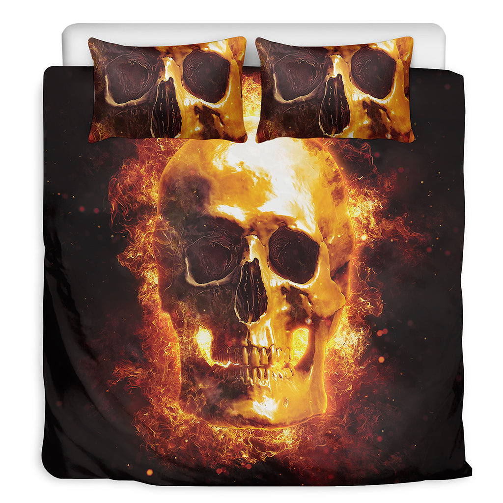 Skull In Flames Print Duvet Cover Bedding Set
